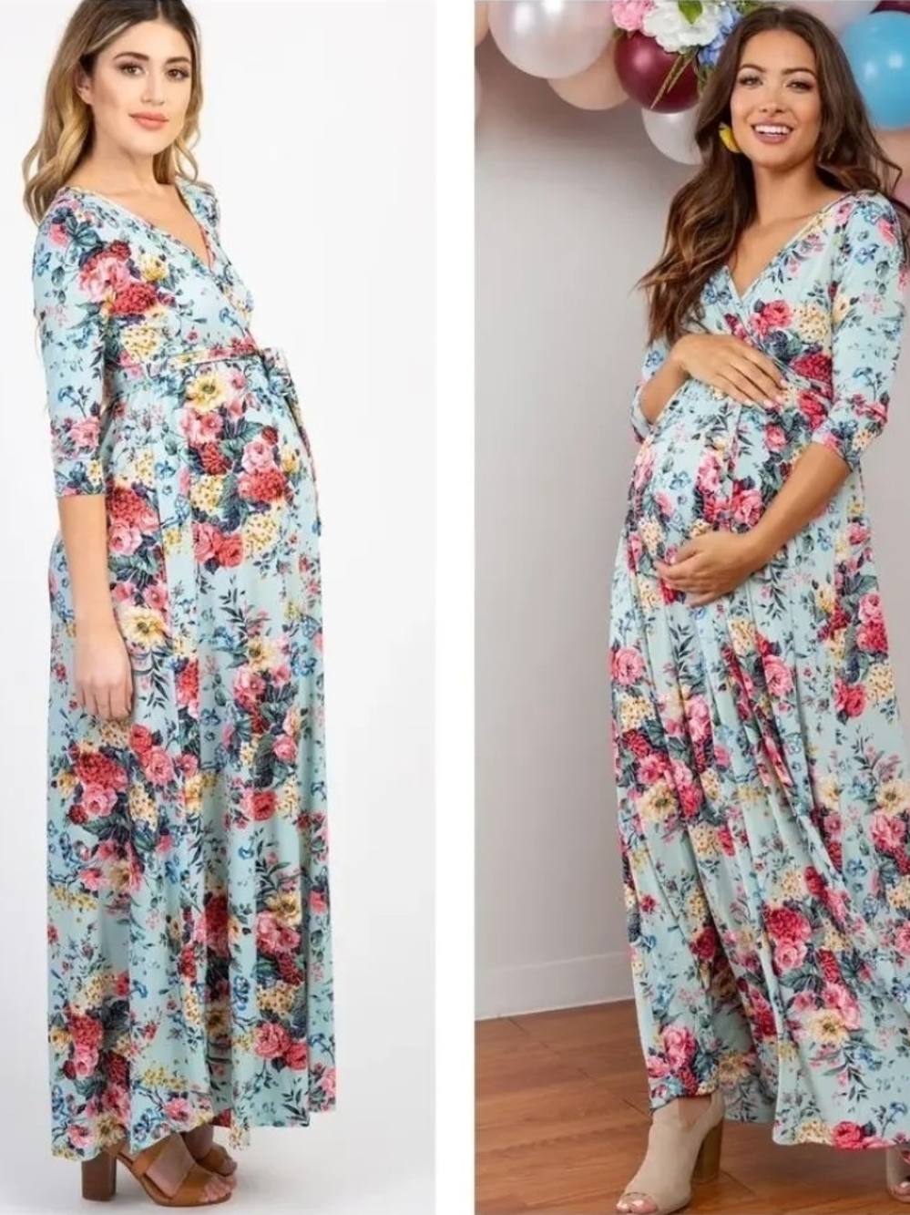 Pinkblush Blue Teal Floral Surplice Bodice Maternity Maxi Dress XL NWT